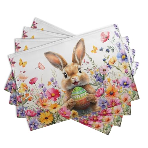 Easter Rabbit Placemats Set of 4 Spring Bunny Colorful Egg Wildflower Place Mat 12x18 Inch Seasonal Farmhouse Linen Fabric Table Mats for Kitchen Dining Outdoor Indoor Easter Party (4 Count)