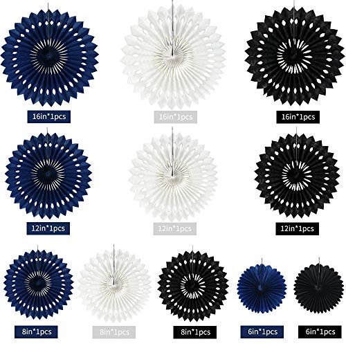 Honeycomb Round Paper Fans Black Blue White Hanging Party Decor (11 Count)