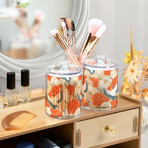 2 Pack Qtip Holder Organizer Dispenser Cranes Orange Flowers Bathroom Storage Canister Cotton Ball Holder Container for Cotton Pads (2 Count)