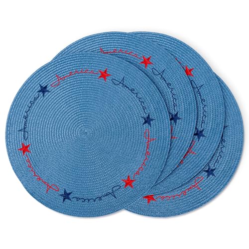 4Pcs Round Patriotic Placemats Stars Embroidered Place Mats 4th of July Dinner Table Mats for Independence Day 250th Anniversary Home Birthday Party Decor (4 Count)