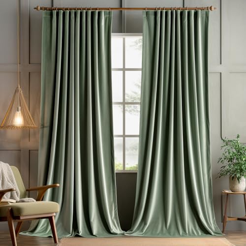 Sage Green Velvet Pinch Pleat Blackout Curtains W52 X L108 Inches (2 Count)