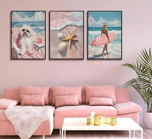 3Pcs Pink Beach Preppy Wall art Retro Beach seashell and starfish poster printing Pink surfboard dog painting wall Decor for Girls Room dormitory apartments Home Decoration Unframed (3 Count)