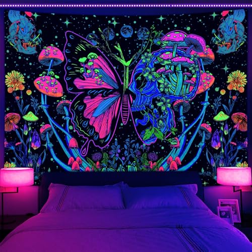 Blacklight Skull Butterfly Tapestry