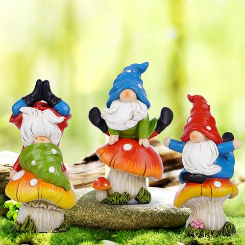 3 PCS Spring Yoga Mushroom Gnomes Decoration Summer Elf Figurines Gifts for Home Spring Lively Garden Statues Decor for Outdoor (3 Count)