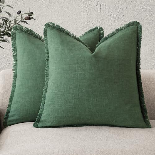 Decorative Linen Fringe Throw Pillow Covers 18×18 Pine Green (2 Count)