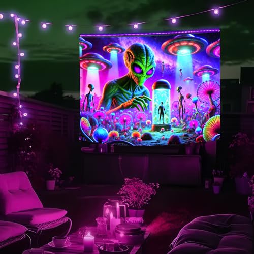 Blacklight Tapestry Alien UFO UV Wall Art 78 x 59 Inch