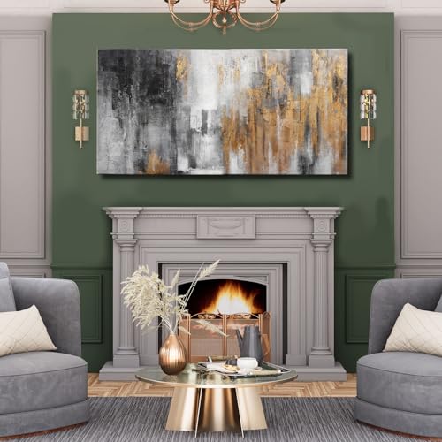 Abstract Canvas Wall Art with Gold Foil Modern Black Oil Paintings Graffiti Wall Art for Living Room Bedroom Kitchen Office Wall Decorations 30" x 60"