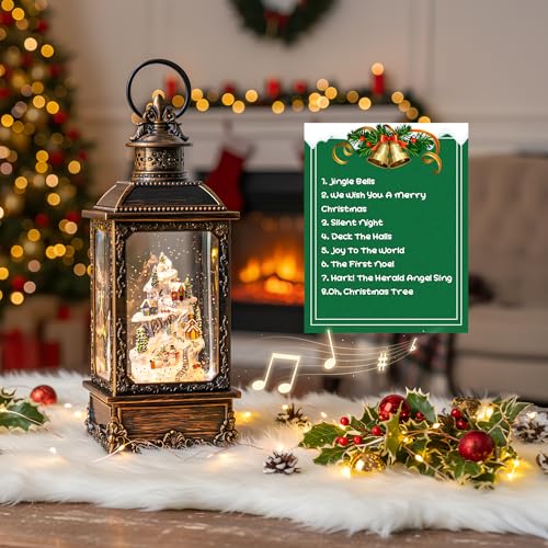 Christmas Village Buildings Snow Globe Lantern Water Glittering Snowman Family with Music & Timer