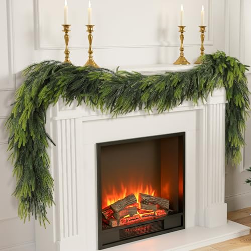 6FT Christmas Norfolk Pine Garland Real Touch Pine Artificial Faux Greenery Garlands Winter Christmas Garland for Table Mantle Fireplace Holiday Indoor Outdoor Xmas Decorations