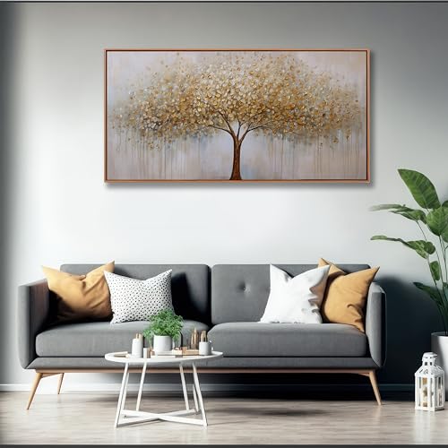 Wall Art Gold Abstract Tree of Life Framed Modern Artwork Canvas Painting Textured Tree Pictures Wall Decor Home Decor Wall Ready to Hang for Bedroom Living Room Size 58" Lx29 W