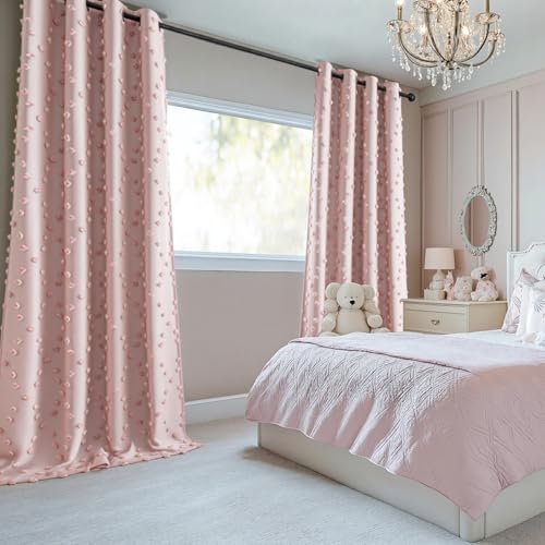 100% Blackout Curtains for Girls Bedroom 95 Inch Long Total Room Darkening Curtain for Living Room 2 Panels Grommet Light Blocking Sliding Door Drapes Blush Pink Pom Pom Sheer 50 x 95 Inch (2 Count)