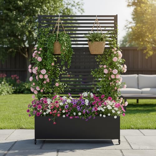 Metal Planter Box with Trellis Privacy Screen