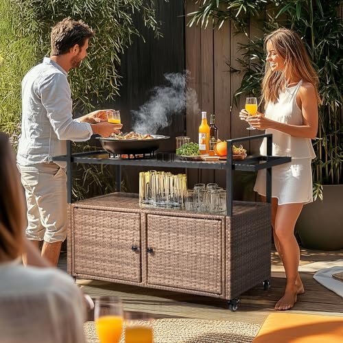 Wicker Outdoor Bar Cart with Storage and Wheels