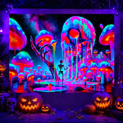 Blacklight Tapestry Skull Mushroom Neon Decor 78 x 59 Inch