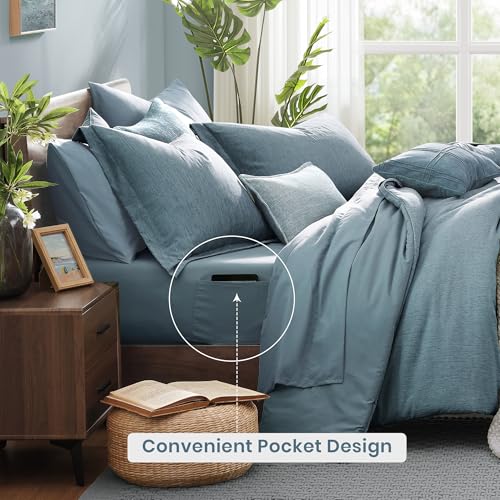 Queen Comforter Set 7 Pieces Dusty Blue Cationic Dyeing Bed in a Bag