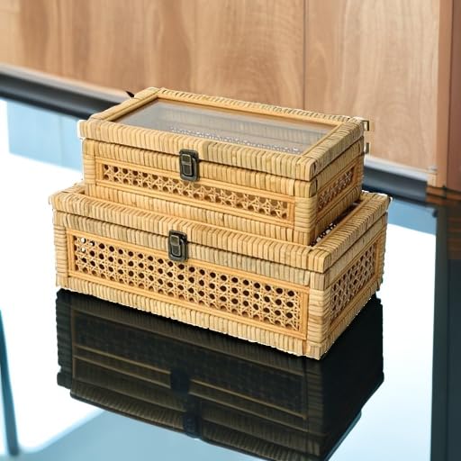 Rattan and Cane Stacking Boxes with Glass Top Lid
