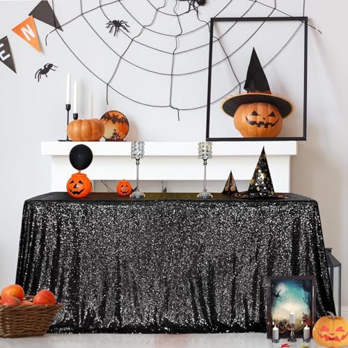 Sequin Tablecloth 90x156 Inch Black for Halloween Wedding Party