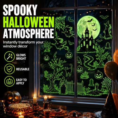 Glow in the Dark Halloween Window Stickers Luminous Ghost Pumpkin Black Cat Spider Bat Candy Moon Window Decals for Halloween Party Supplies Home Glass Decorations