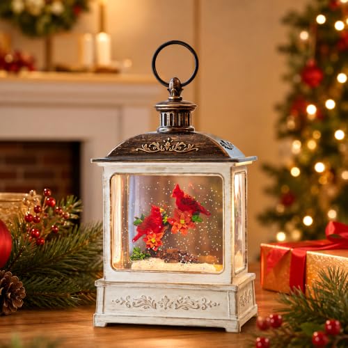 Christmas Snow Globe Water Glittering Cardinal Scene with Music & Timer