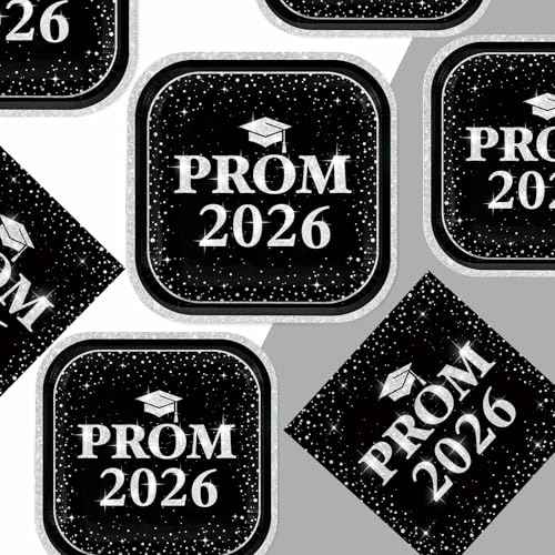 200 Pcs 2026 Prom Graduation Party Supplies Black and Silver Prom Plates and Napkins Prom Send Off Decorations 2026 Tableware Sets for Class of 2026 Prom Congrats Grad Party Decorations Serves 50 (200 Count)