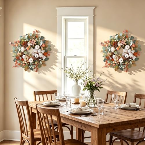 24 Inch Farmhouse Fall Wreath for Front Door with White Pumpkin