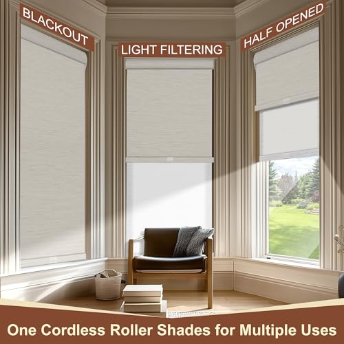 Cordless Dual Roller Shades.Maze Beige & White.28 W x 64" H