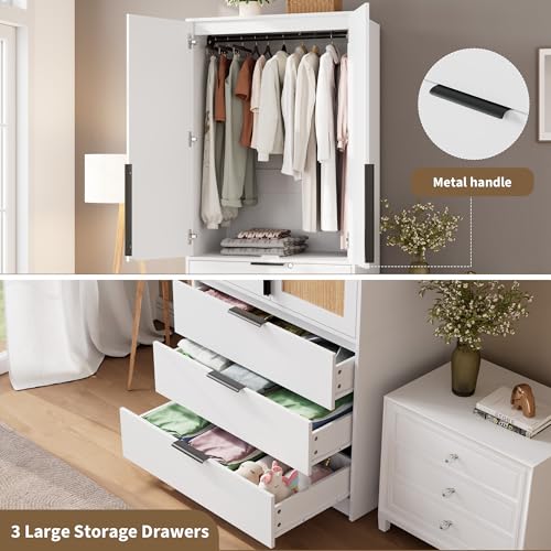 70" Wardrobe Armoire Wooden Closet with 3 Drawers