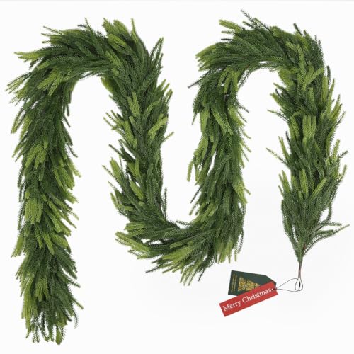 6FT Christmas Norfolk Pine Garland Real Touch Pine Artificial Faux Greenery Garlands Winter Christmas Garland for Table Mantle Fireplace Holiday Indoor Outdoor Xmas Decorations