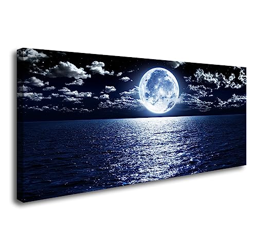 S06962 Wall Art Canvas Prints Moon Sea Ocean Landscape 1 Panels Full Moon in Cloud Pictures Paintings Stretched and Framed for Living Room Bedroom Kicthen Office Artwork 24x48inch