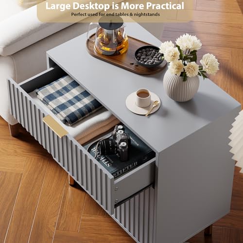 Fluted Grey 3 Drawer Dresser for Bedroom with Deep Drawers