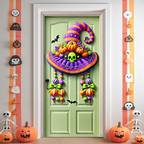 Halloween Entryway Banner Witch Hat Skull 35x71 Inch Polyester