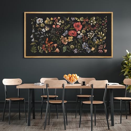 Extra Large Framed Canvas Print Wall Art Midnight Garden Vintage Floral Illustrations Antique Retro Fine Art Illustrations Decorative Colorful for Bedroom
