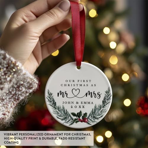 Personalized Our First Christmas As Mr. & Mrs. Christmas Ornaments Holly & Pine Wreath 2.8" Round Porcelain Ceramic Custom 1St Year Married Christmas Ornament 2026 for Newlyweds 1