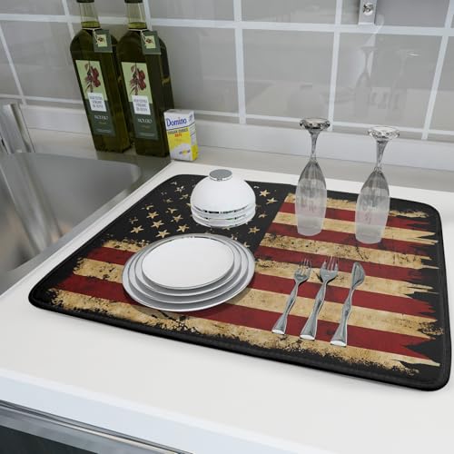 4th of July Dish Drying Mat for Kitchen Counter Rustic Black Patriotic Super Absorbent Reversible Microfiber Kitchen Countertop Protector Dishes Pad Large 18x24 inch