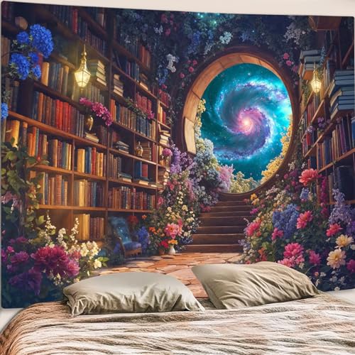 Floral Bookshelf Tapestry Fantasy Library Tapestries Wall Hanging Vintage Plant Flower Book Large Tapestry for Bedroom Living Room Dorm 80 x 60 inch