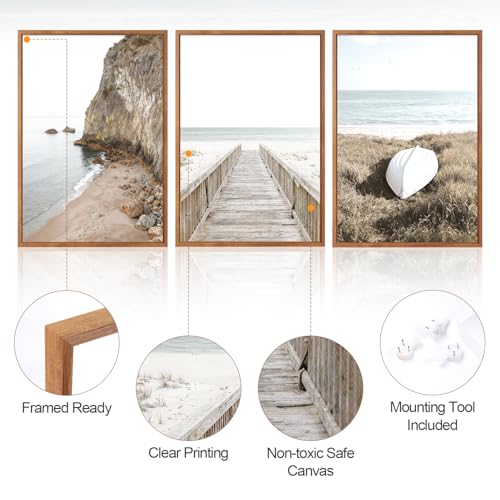 3 Pcs Neutral Beach Coastal Framed Canvas Wall Art 16x24 Inch