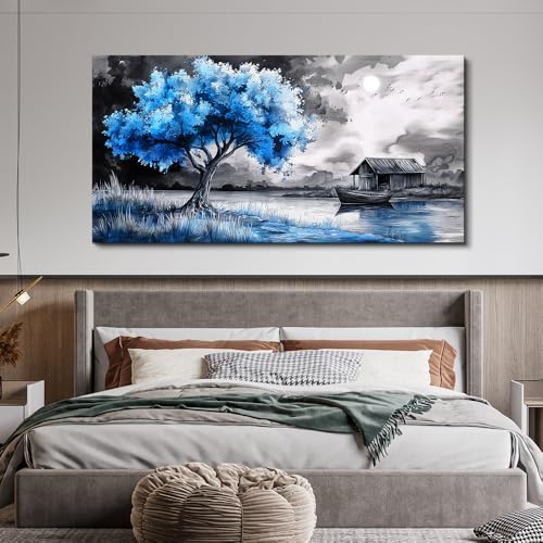 Large Wall Art For Living Room Blue Wall Decor For Bedroom Black White And Blue Trees Wall Pictures Restaurant Office Frame Printing Canvas Large Artwork Modern Home Decoration 30x60 in