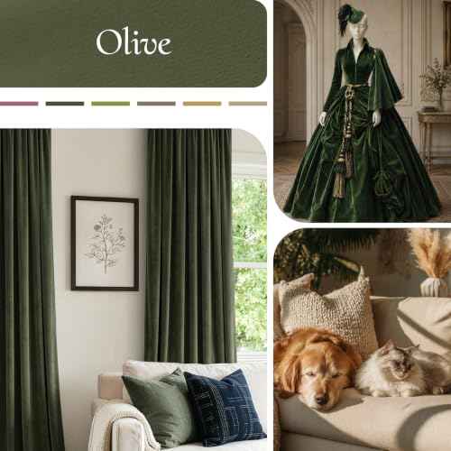 Olive Green Blackout Velvet Curtains Drapes 96 Inch Long 52"x96" (2 Count)