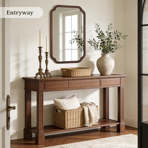 Wood Bathroom Mirror for Wall Mounted with Rounded Corner Wood Frame for Entryway