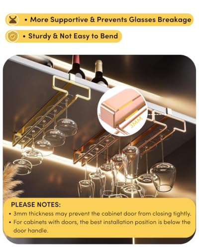 2 Pack Under Cabinet Wine Glass Rack Rose Gold Wine Glass Holder Stemware Rack Hanger Kitchen Hanging Storage Rack Organizer (2 Count)