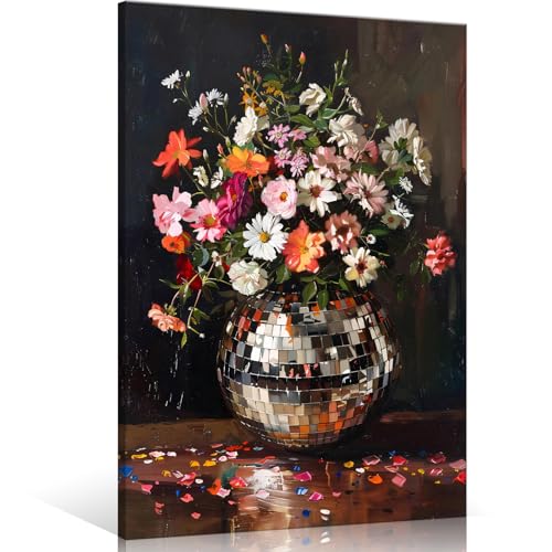 Colorful Moody Florals Disco Ball Canvas Wall Art