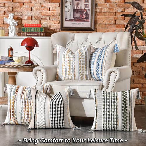 Set of 2 Chenille Striped Textured Boho Throw Pillow Covers Aesthetic with Tassels Woven Decorative Pillow Case for Couch Bed Sofa Bedroom Modern Funky 18 x 18 (2 Count)