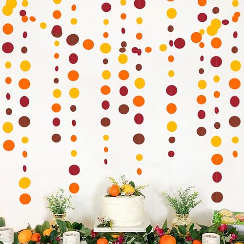 46Ft Fall Party Decorations Polka Dots Garlands Orange Yellow Burgundy Brown Hanging Paper Circle Dots Streamer for Birthday Wedding Shower Fall Autumn Thanksgiving Harvest Party Decor Supplies