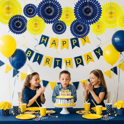 Honeycomb Round Paper Fans Blue Yellow Hanging Party Decoration (12 Count)