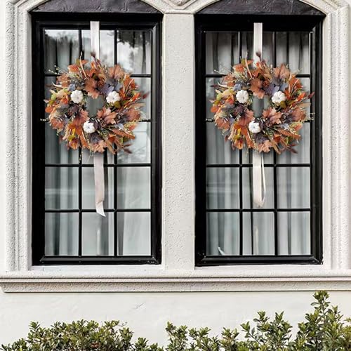 24 Inch Fall Wreath for Front Door with White Pumpkins