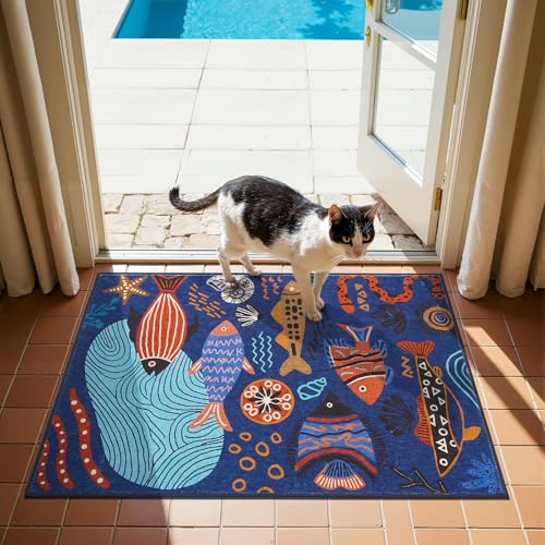 2x3 Coastal Area Rug Washable Kids Rug Colorful Ocean Fish Mat Blue (6 Sq Ft)