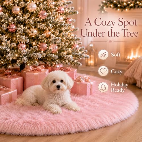 72 Inch Faux Fur Christmas Tree Skirt Pink Plush Skirt for Merry Christmas Party Christmas Tree Decoration