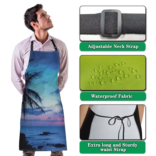 Kitchen Aprons for Men Hawaii Beach Blue Sunset Apron for Women for Cooking Restaurant BBQ Painting Crafting Gardening 27”