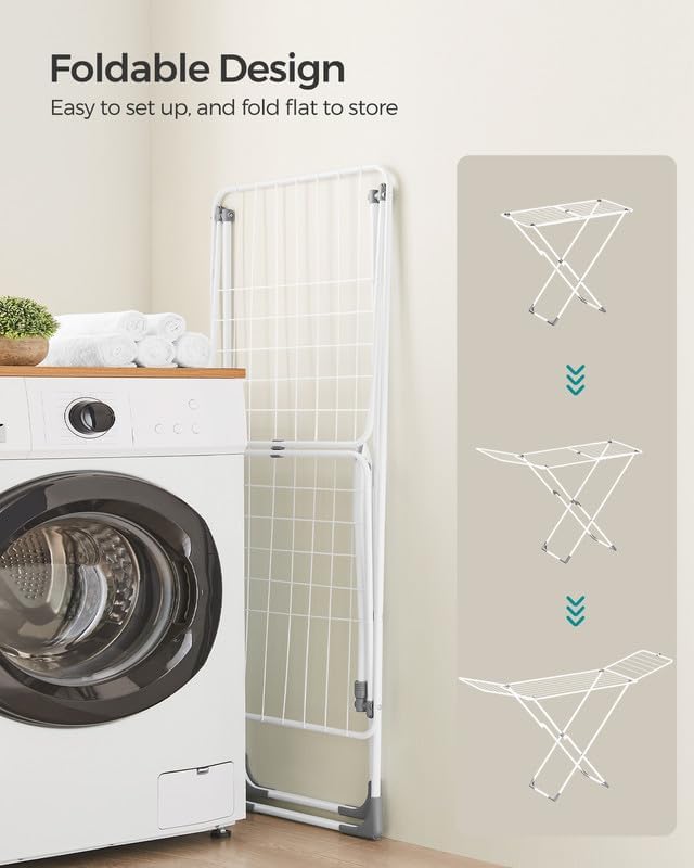 SONGMICS Clothes Drying Rack, Metal Laundry Drying Rack, Foldable, Space-Saving, Free-Standing Airer, with 2 Gullwings, Indoor Outdoor Use, Bed Linen Clothing, White ULLR540W01 - NestledHome