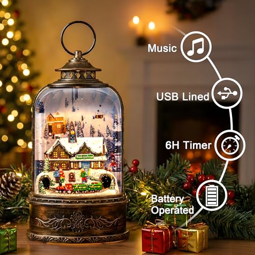 Christmas Village Snow Globe Water Lantern with Train Station Scene Battery Operated or USB Powered Musical Lighted Holiday Decoration for Tabletop Display for Family and Friends